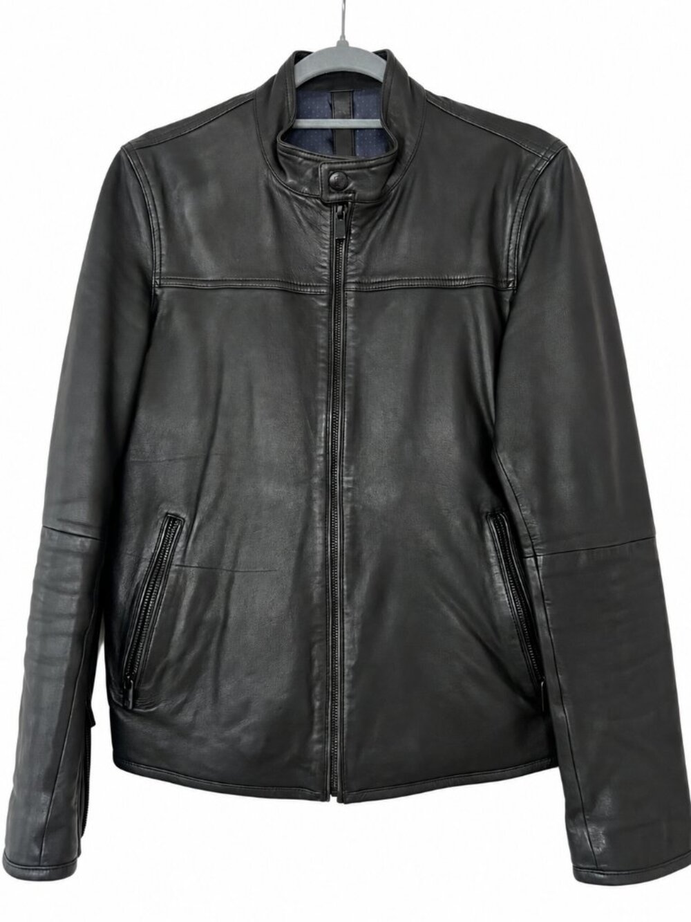 Massimo Dutti Black 100% Leather Cafe Racer Moto Jacket Size S